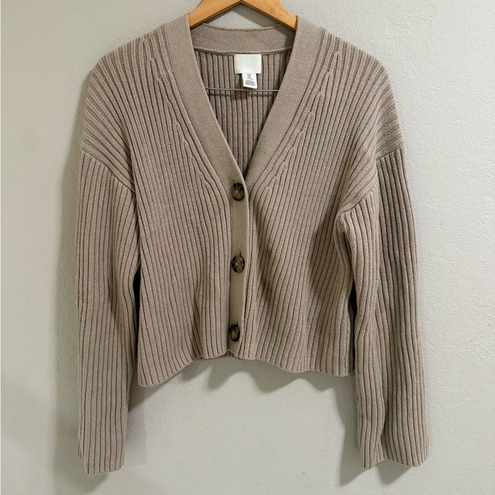 H&M Taupe Ribbed Knit Cropped Cardigan Sweater Women’s Small